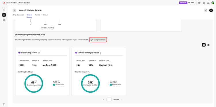 The Discover workspace with the Change audience option highlighted.