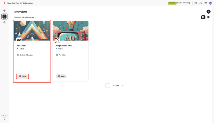 The Collaborate workspace highlighting the View option within a project card.