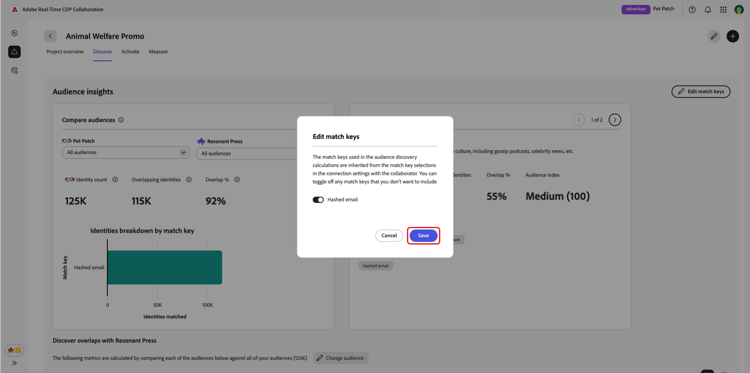 The Edit match keys dialog in the Discover workspace.