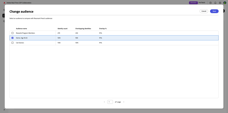 The Change audience dialog in the Discover workspace.