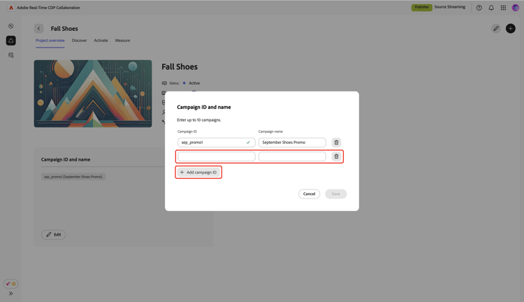 The Campaign ID and name dialog displaying the empty campaign row after selecting the Add campaign ID option.
