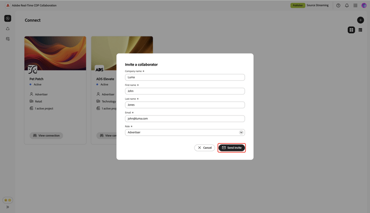 The Invite a collaborator dialog with the Send invite option highlighted.