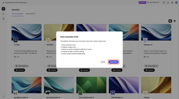 The Send connection invite dialog with the Send invite button highlighted.