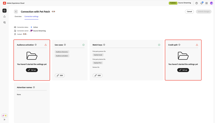 The edit connection settings screen displaying Audience activation and Credit split sections after new use cases are added.