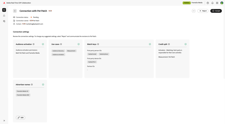 The connection settings workspace with the Advertiser names section filled in.
