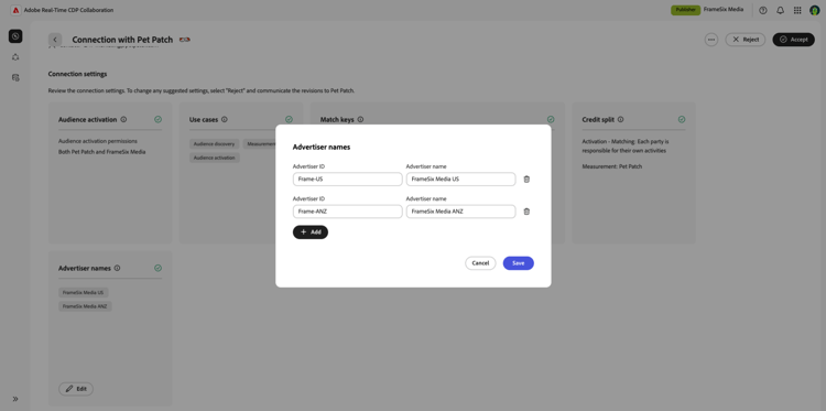 The Advertiser names dialog with options in the connection settings workspace.