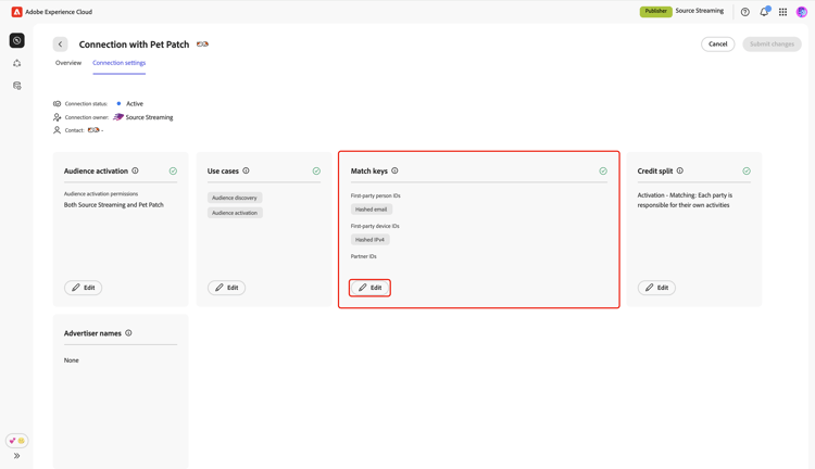 The edit connection settings screen highlighting the Match keys section and Edit option.