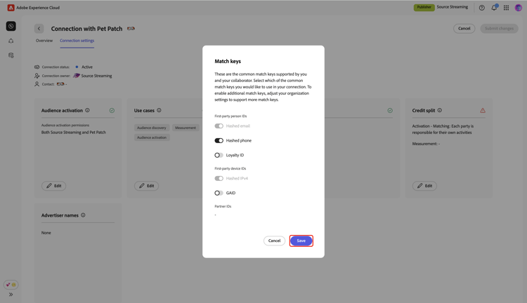 The Match keys dialog displaying the new match keys selected and the Save option.