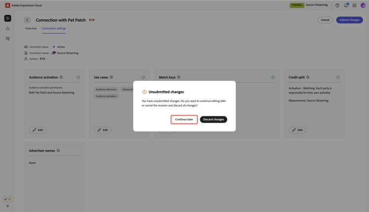 The edit connection settings screen.