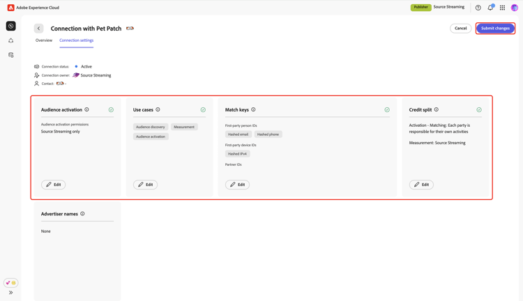 The edit connection settings screen displaying the updates and the Submit changes option.