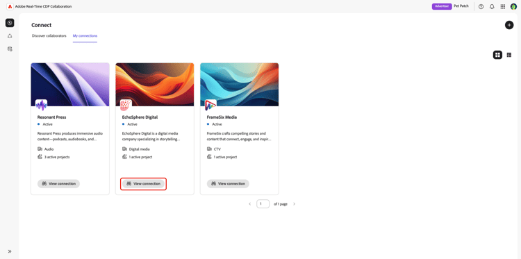 The View connection option highlighted for a connection in the My connections workspace.