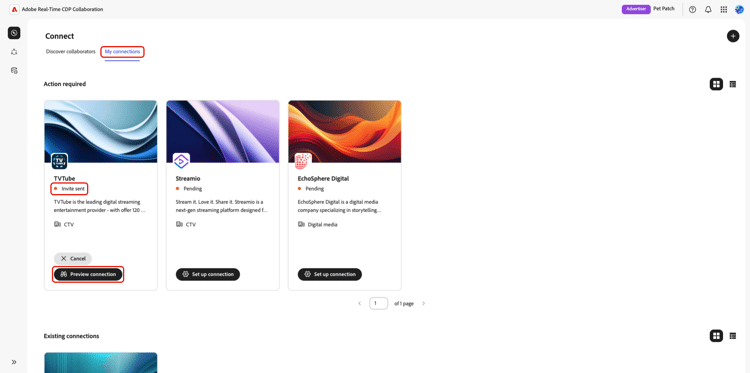 The pending connection is displayed in the My connections workspace in the Action required section.