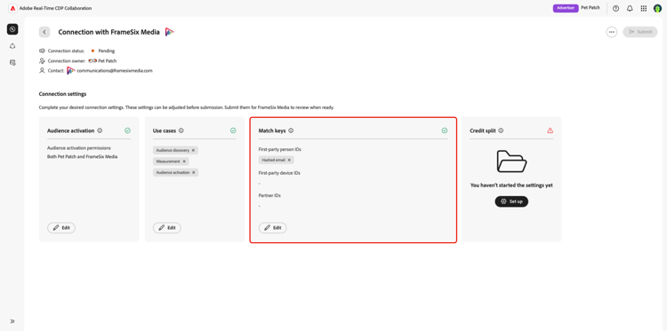 The connection settings workspace with the Match keys section highlighted showing the common match keys.
