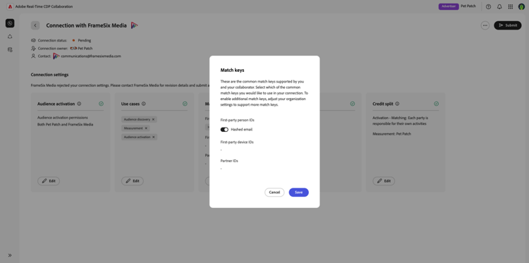 The Match key settings in the connection settings workspace.