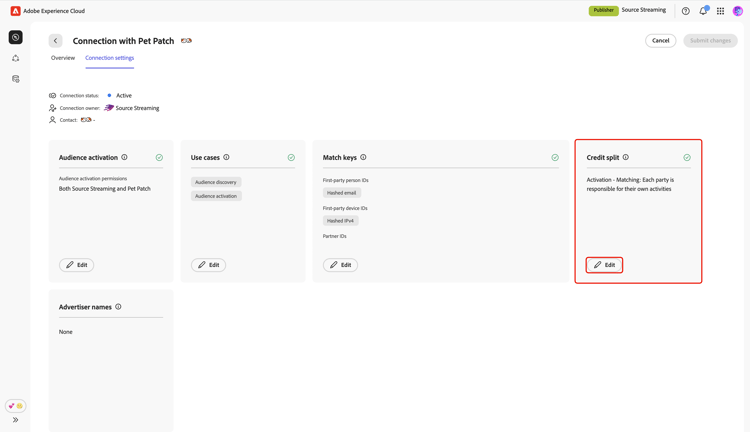 The edit connection settings screen highlighting the Credit split section and the Edit option.