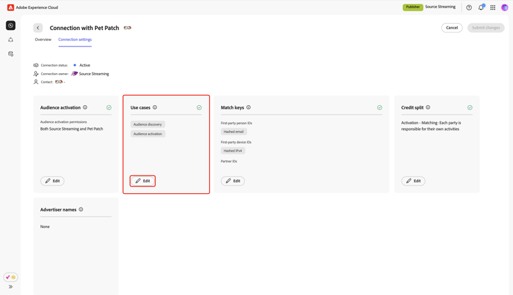 The edit connection settings screen highlighting the Use cases section and the Edit option.