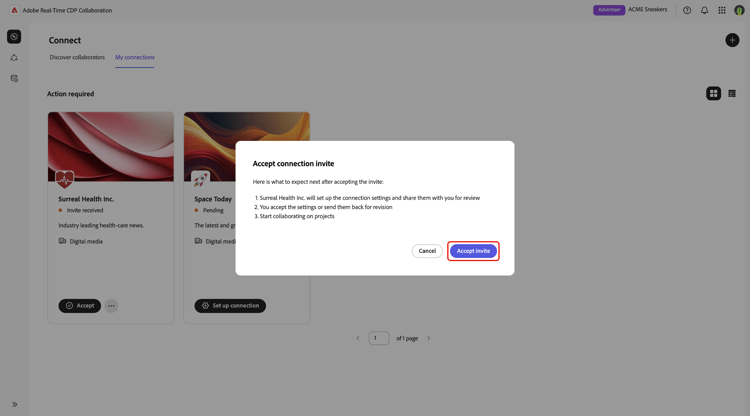The Accept connection invite dialog with the Accept invite option highlighted.