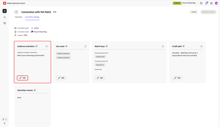The edit connection settings screen showing the Audience activation section and the Edit option.