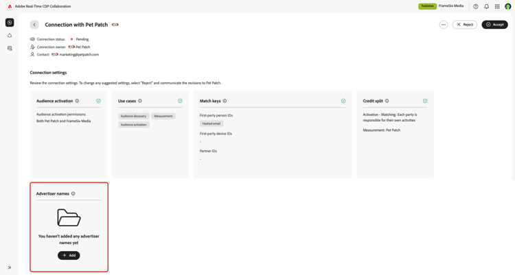 The Advertiser names in the connection settings workspace.