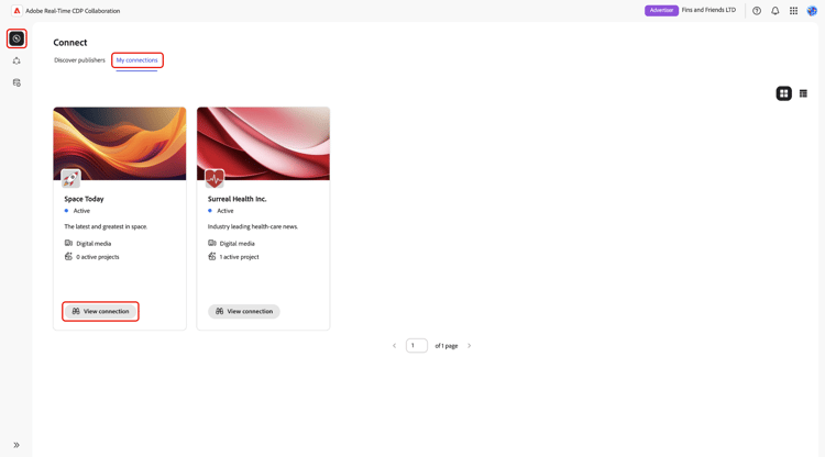 The View connection option highlighted in the My connections view.
