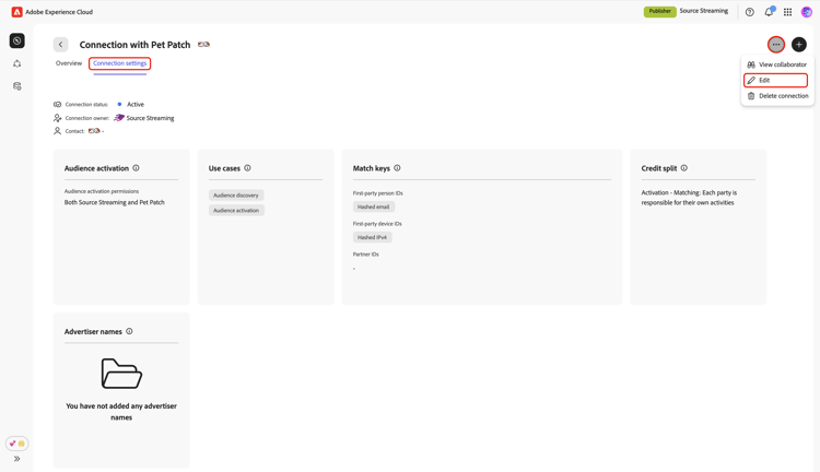 The connection settings workspace with the Edit option highlighted.