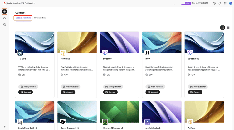 The Discover publishers workspace displaying a list of available publishers.
