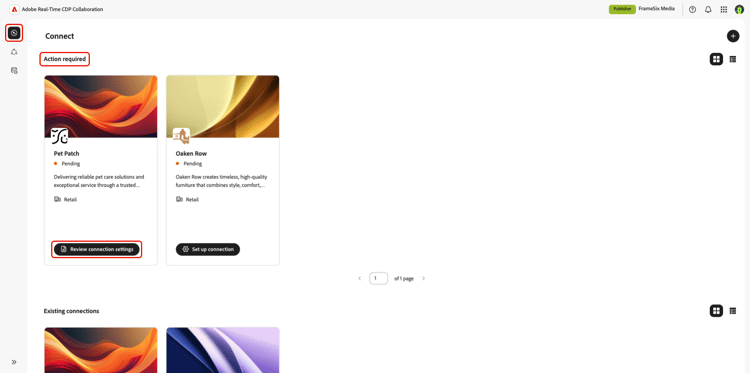 The My connections workspace with the Review connection settings option highlighted.
