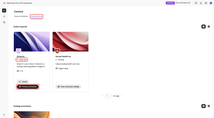 The pending connection is displayed in the My connections workspace in the Action required section.