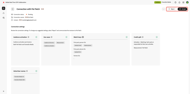 The connection settings workspace with the Accept and Reject option highlighted.