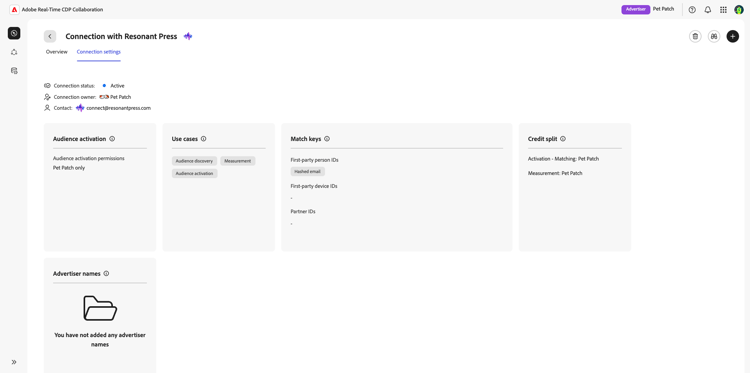 The connection settings workspace displaying connection details.