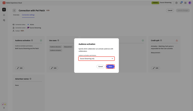 The Audience activation dialog showing the new audience activation permissions and the Save option.