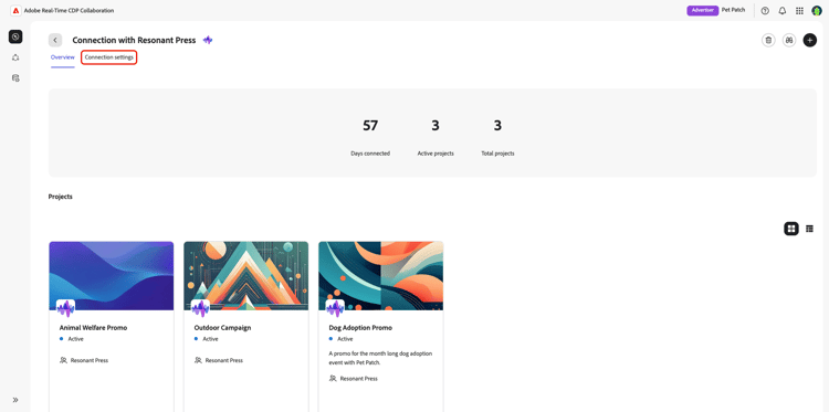 The Connection settings option highlighted in the connection overview workspace.
