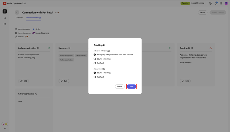 The Credit split dialog showing the credit split settings and the Save option.