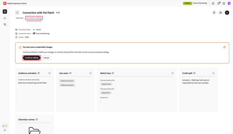 A notification in the connection settings workspace showing there are unsubmitted changes pending review and submission.