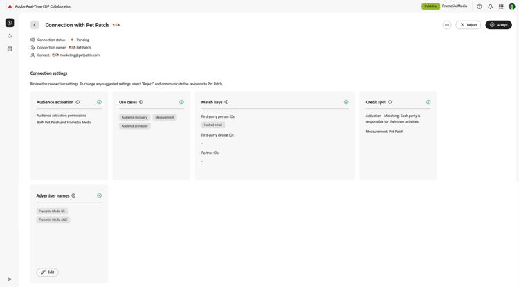 The connection settings workspace with the Advertiser names section filled in.