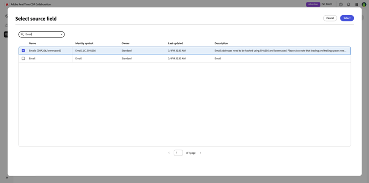 The Select source field dialog with the Select option highlighted..