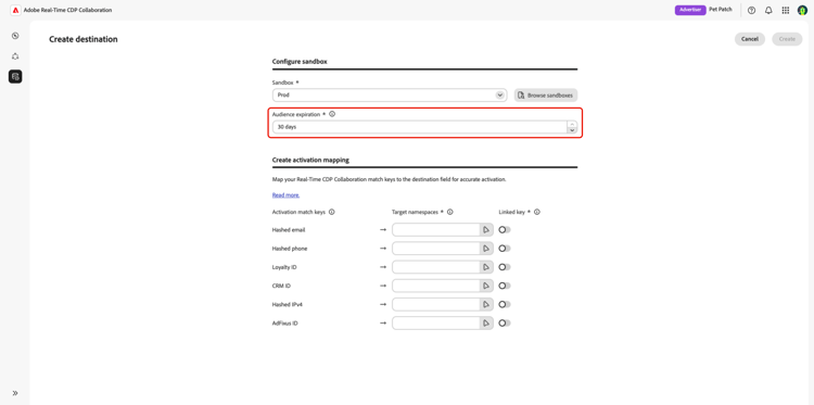 The Audience Expiration section highlighted in the Create destination workflow.