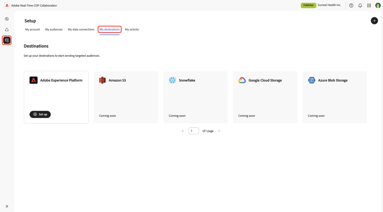 The My destinations tab in the Setup workspace showing the available destinations.