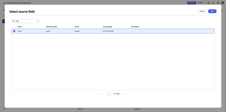 The Select source field dialog.