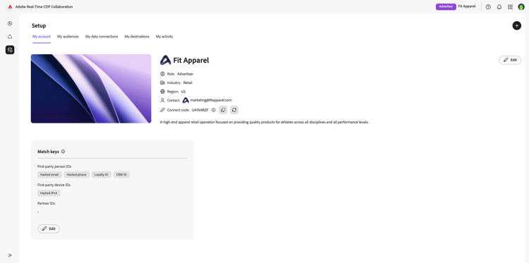 The Real-Time CDP Collaboration set up page, displaying an organization.