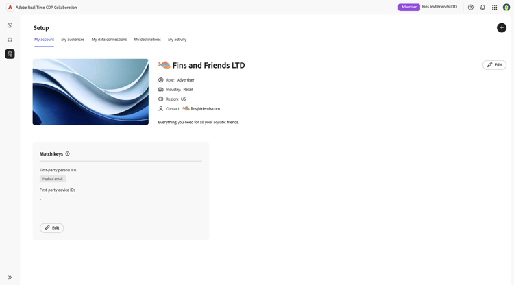 The Real-Time CDP Collaboration set up page, displaying an organization.