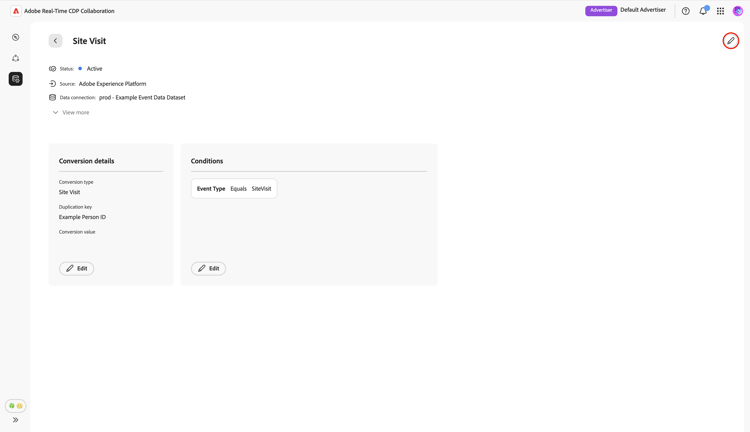 The Site Visit event page with the Edit icon on the top right highlighted.