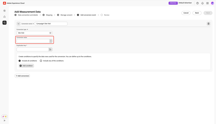 The Add conversion event screen highlighting the Conversion value option.