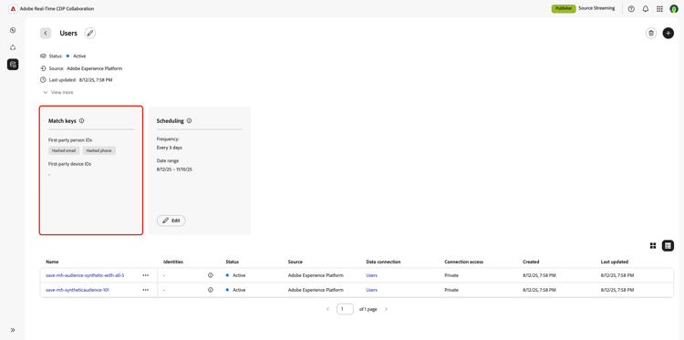 A data connections workspace with the Match keys section highlighted.