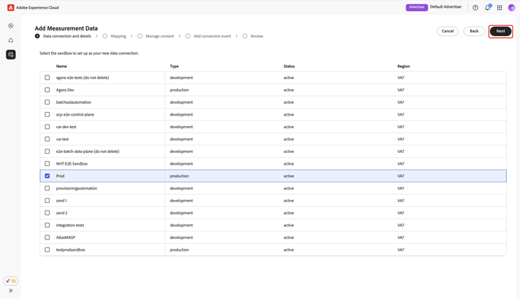 The Data connection and details step highlighting the Prod sandbox and the Next option.