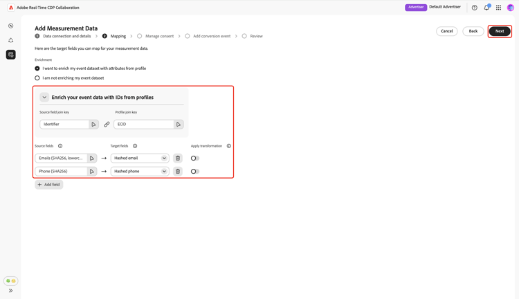 The Mapping screen showing the mapped fields, join keys (when enrichment is enabled), and the highlighted Next option.