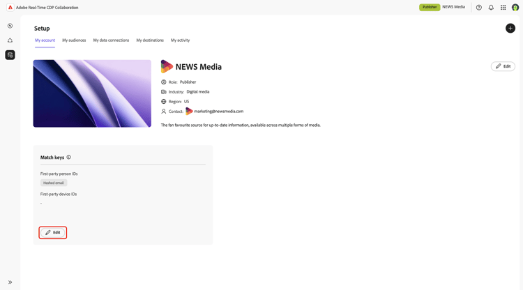 The Setup workspace with the Edit option highlighted within the account's Match keys section.