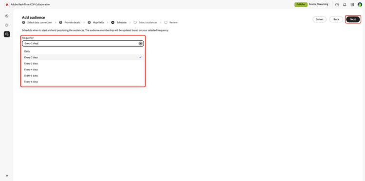The Add audiences scheduling workspace with the Frequency dropdown open.