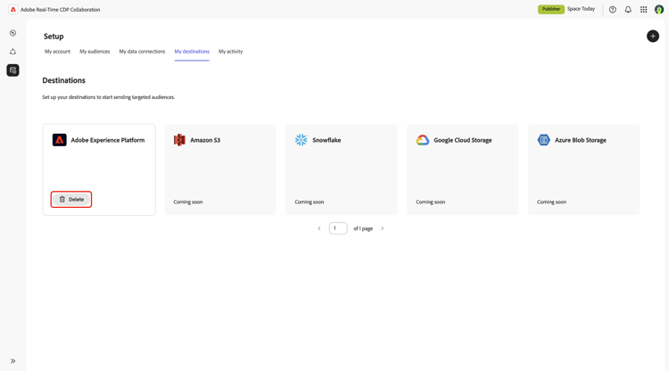 The My destinations workspace with the Delete option highlighted for the Adobe Experience Platform destination.