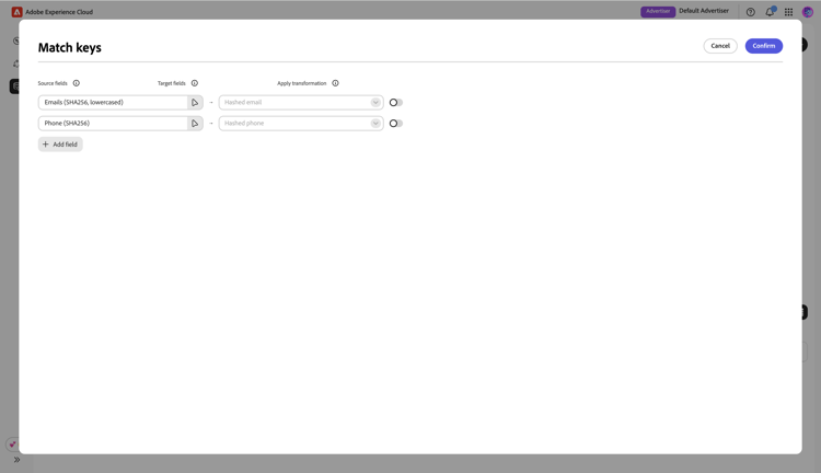 The Match keys dialog showing the existing mappings between source fields and the corresponding target fields.